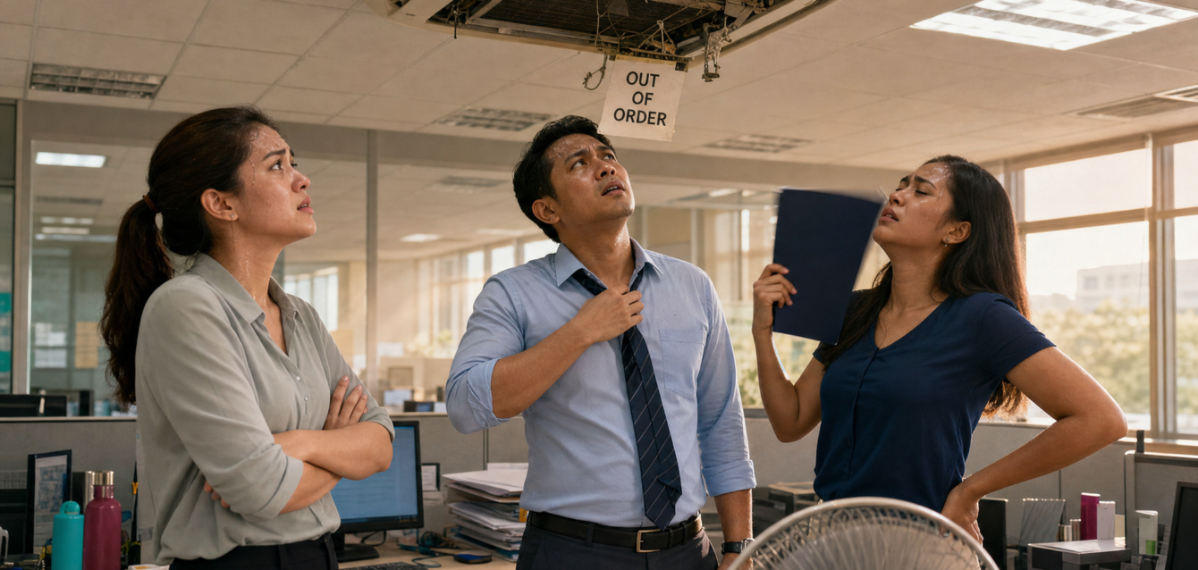 Air conditioner has broken and employees are suffering in the heat, which destroys productivity.