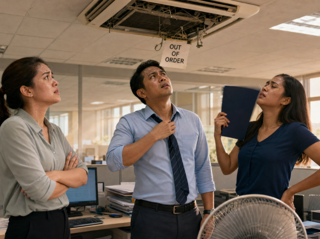Air conditioner has broken and employees are suffering in the heat, which destroys productivity.